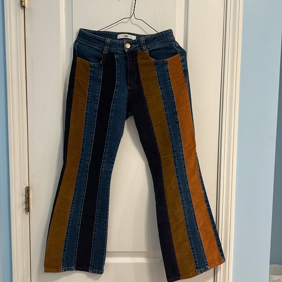 See by Chloe Mid Rise Flare Wide Leg Patchwork Velvet Striped Jeans 26 - Picture 3 of 9